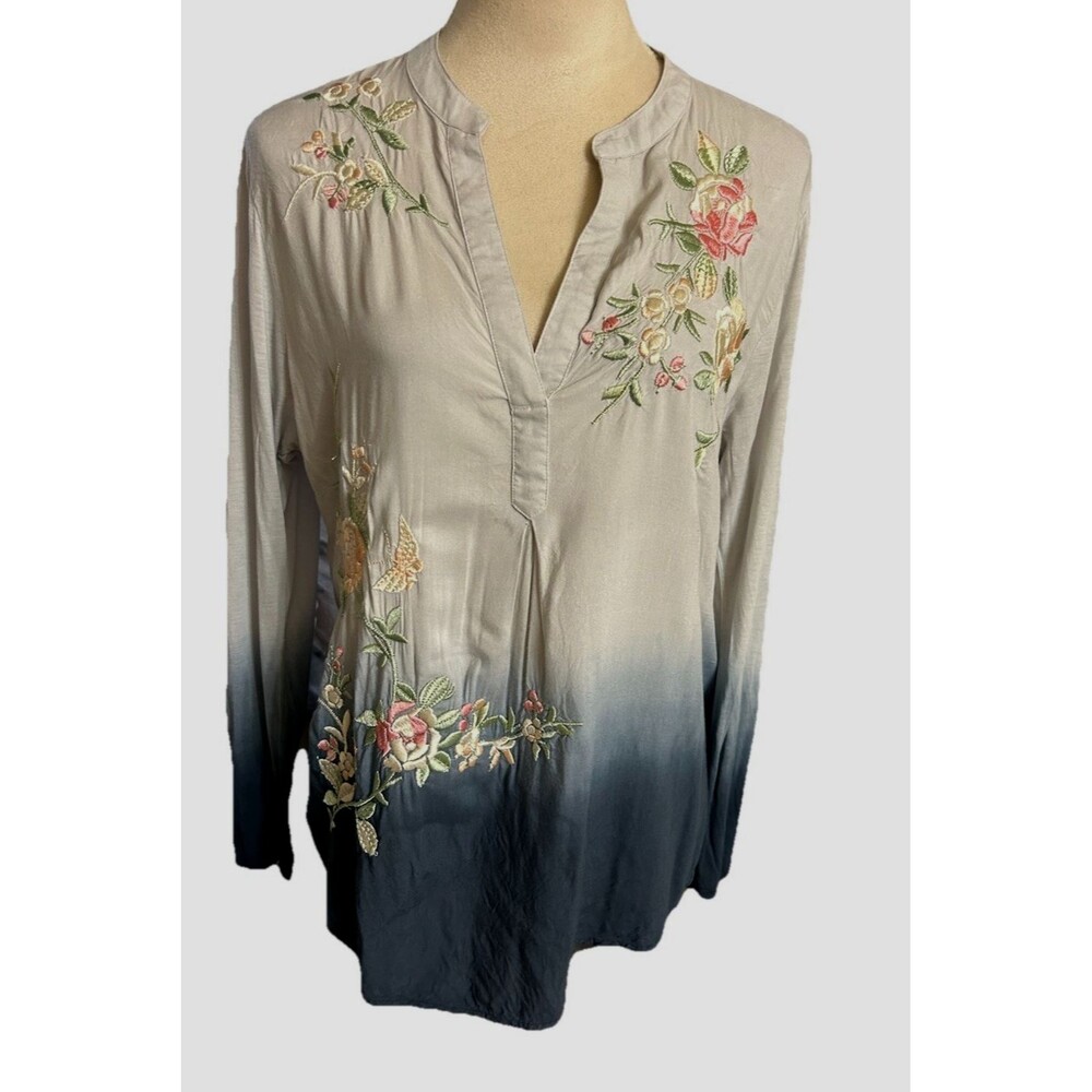 Soft Surroundings Women’s L Embroidered Ombré V-neck Shirt Tunic Roll Tab Sleeve